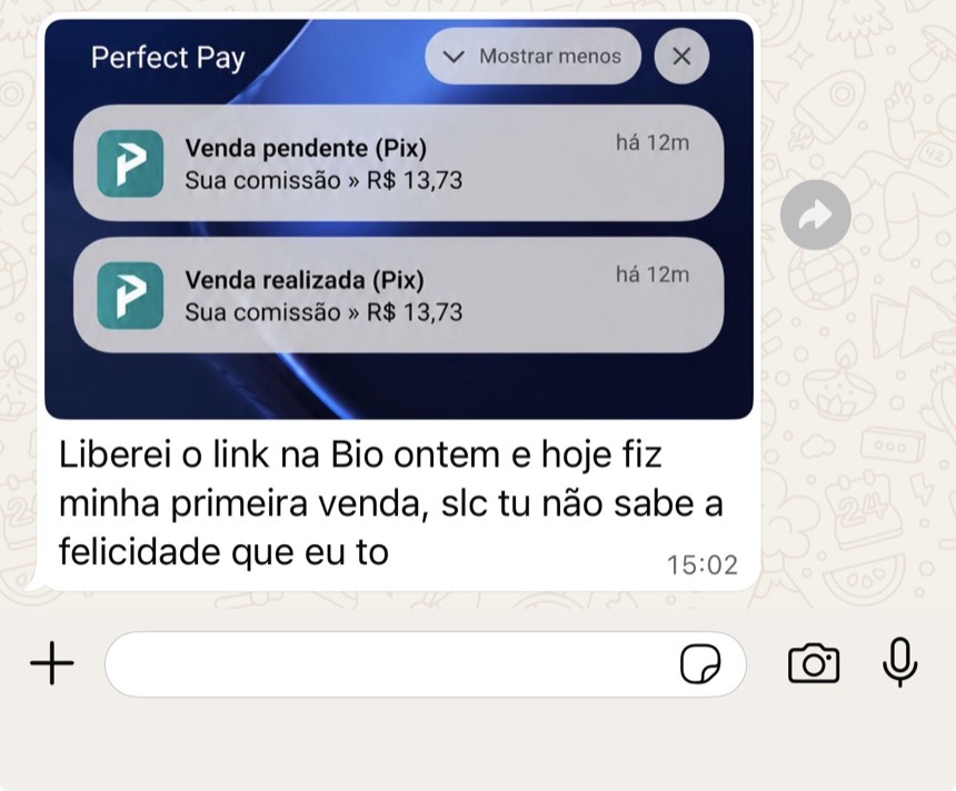 Print de conversa no WhatsApp com notificações de venda aprovada e a mensagem do aluno sobre a primeira venda depois de publicar o link na bio