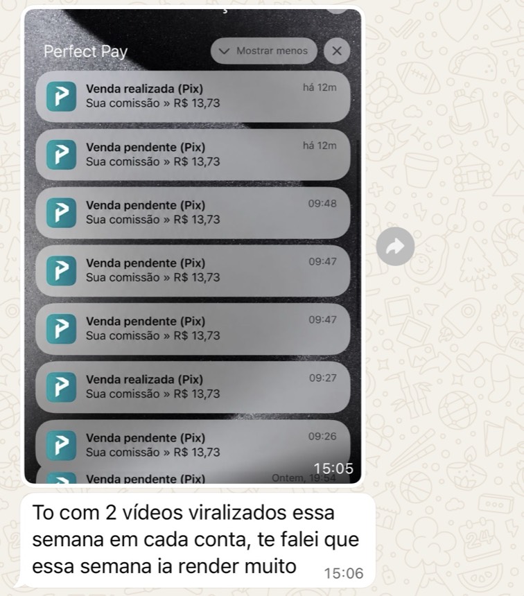 Print de conversa no WhatsApp com uma sequência de notificações de venda e a mensagem do aluno sobre dois vídeos viralizados na semana