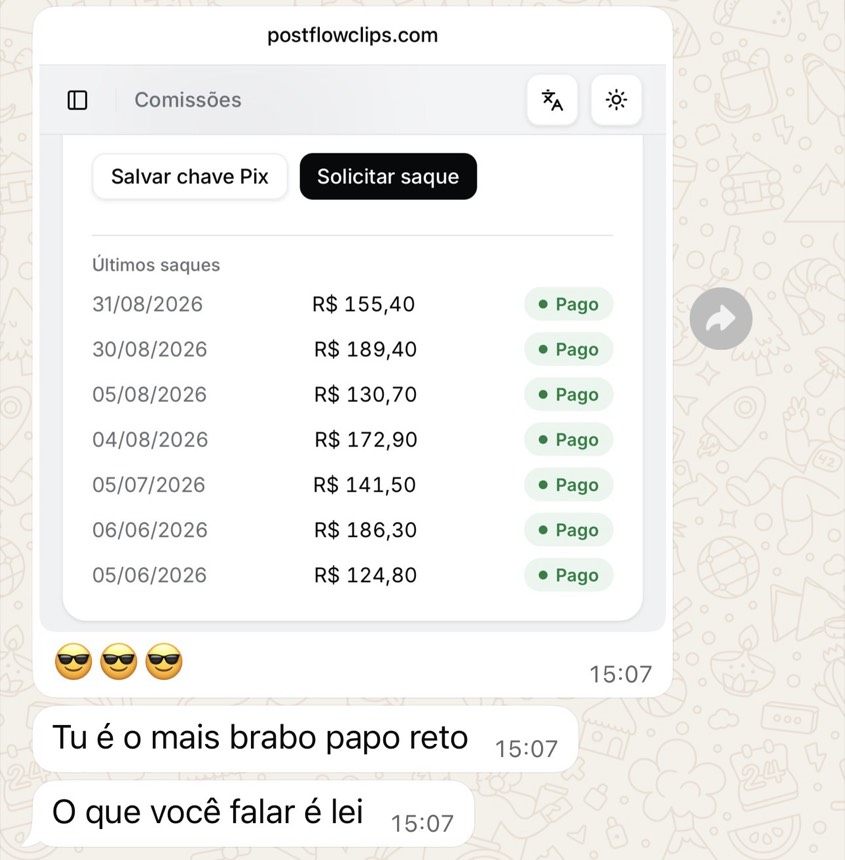 Print do painel de comissões com o histórico de saques marcados como pagos